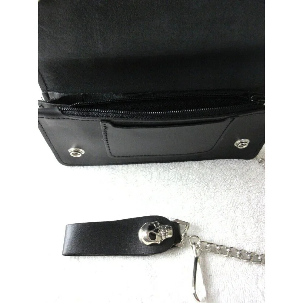 Men's Genuine Leather Skull Skeleton Trucker Snap Chain Wallet Black USA Made